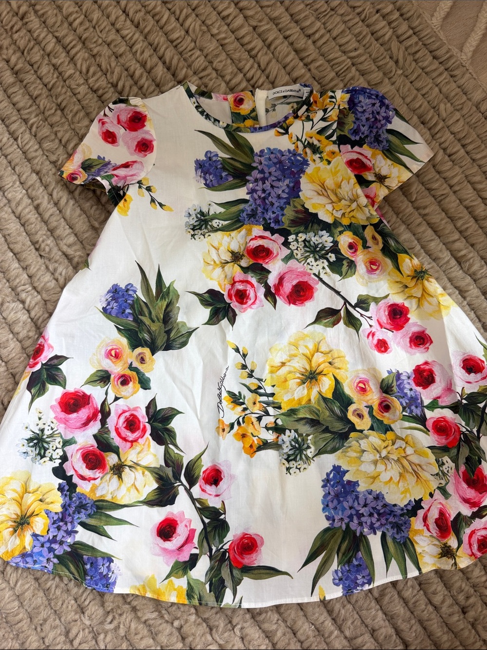 Girls White Floral A-Line Dress with Multicolor Blooms